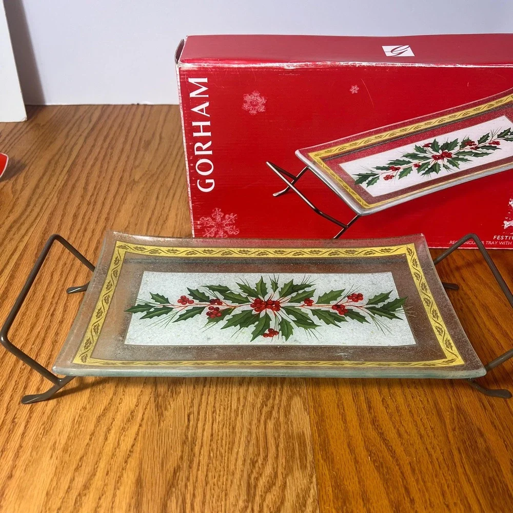 Gorham Festive Holly Glass Serving Tray with Metal Rack Christmas Holiday
